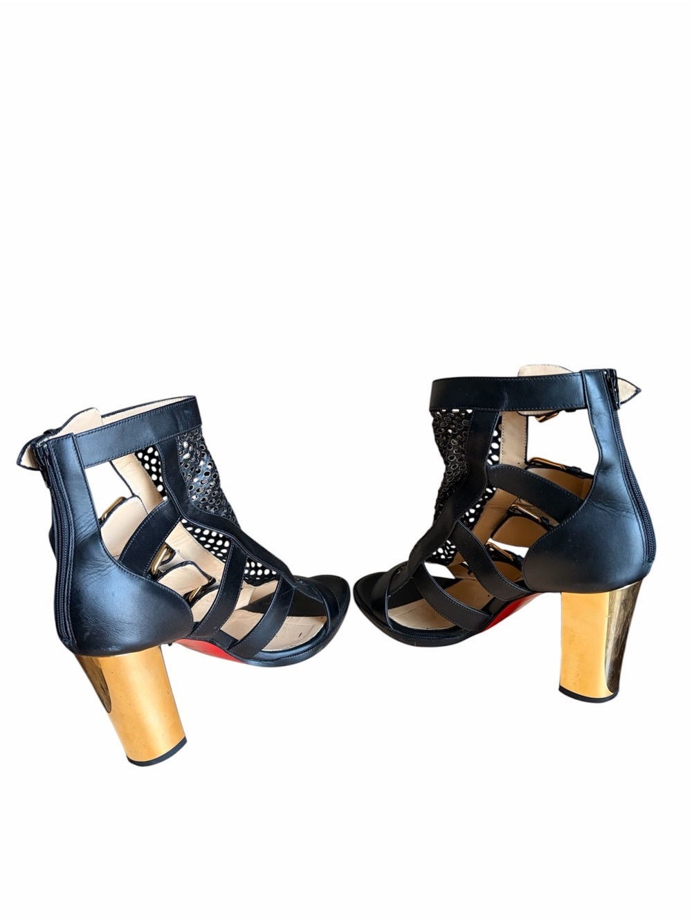 Christian Louboutin Fencing Black & Gold Perforated Leather High Heel Sandals - Picture 6 of 8